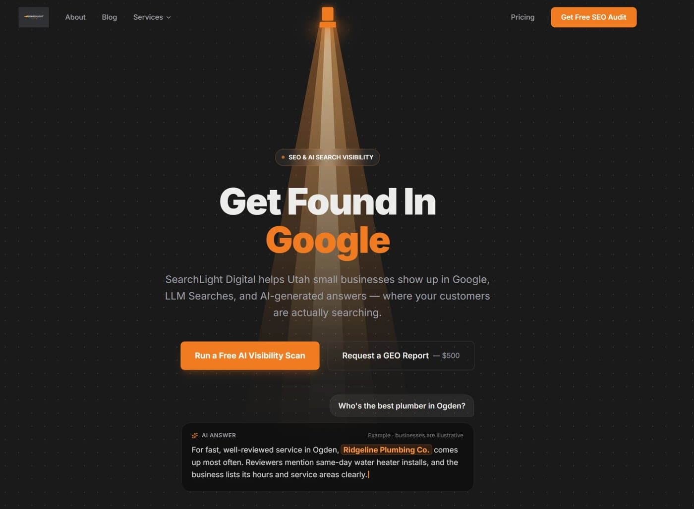 SearchLight Digital home page: "Get Found In Google" over a spotlight beam